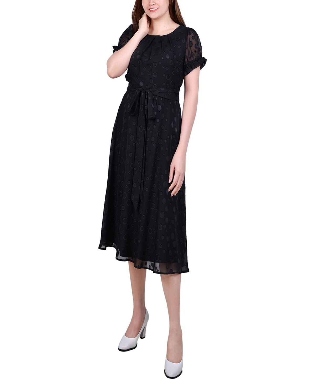 

Миниатюрное платье в горошек с поясом и короткими рукавами NY Collection, мульти