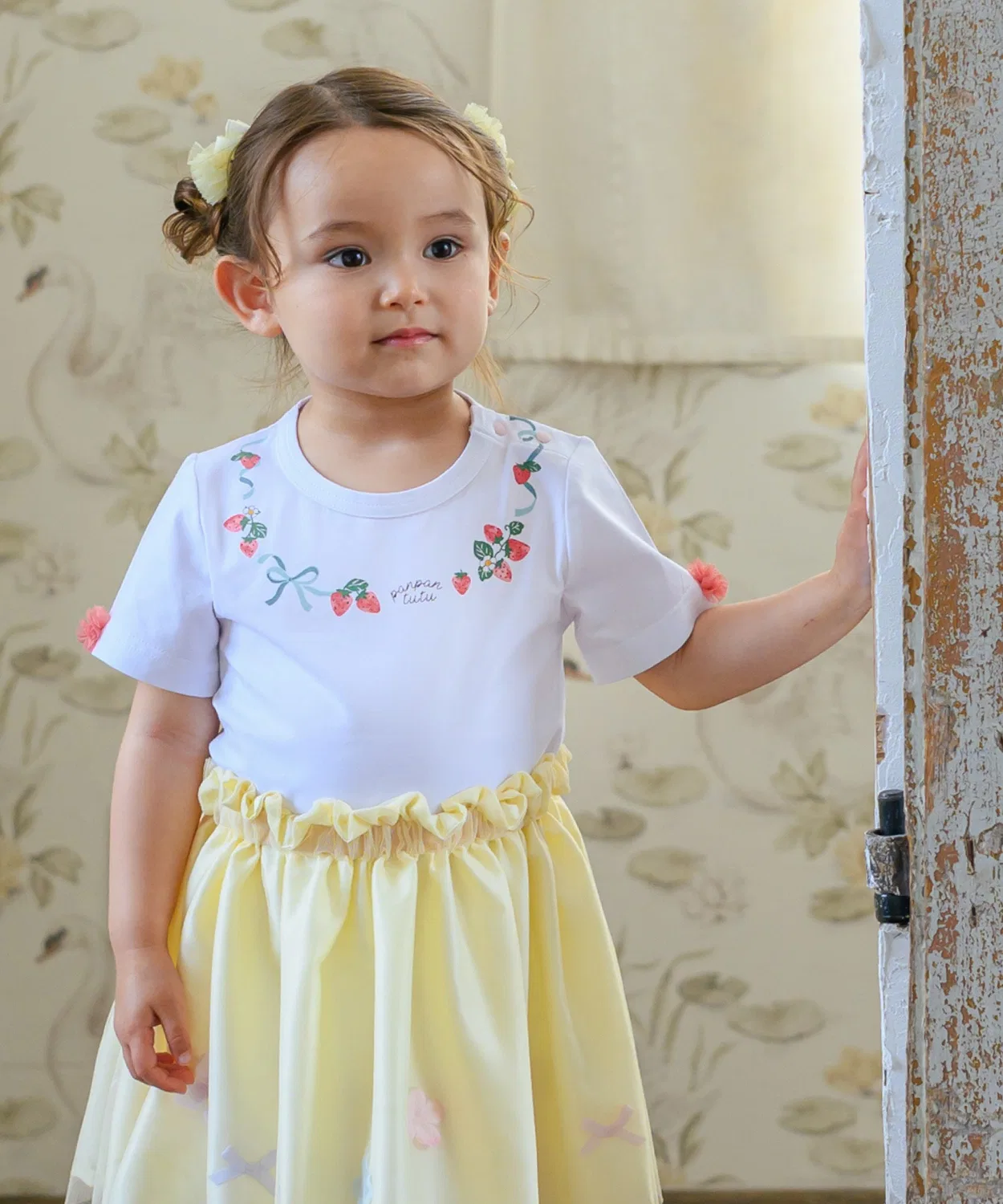 Детская футболка с принтом и коротким рукавом, модель Necklace Top, panpantutu, White
