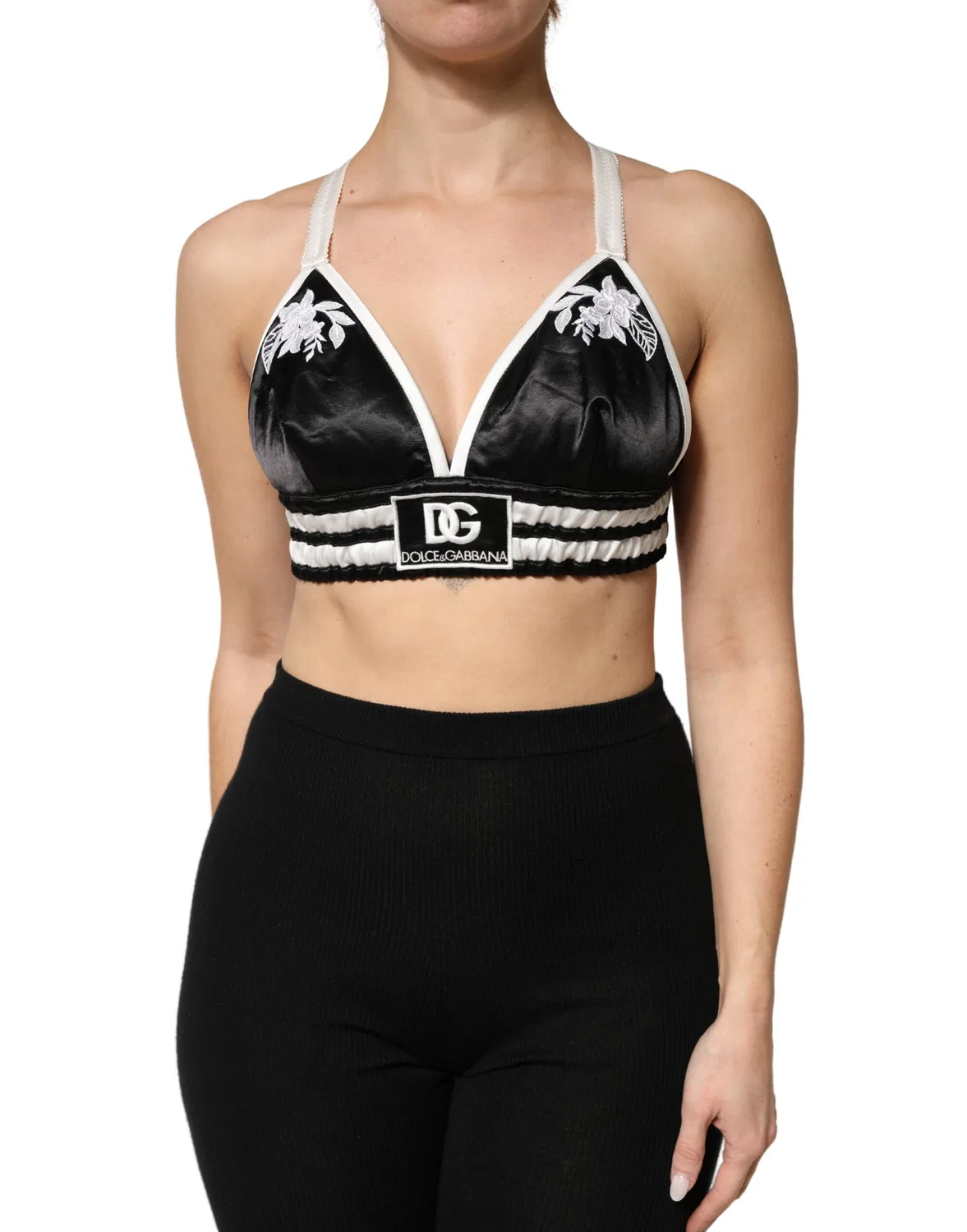 Женский топ-бралетт с цветочной вышивкой Black Floral Silk Satin Crop Logo Dolce & Gabbana, Black/White