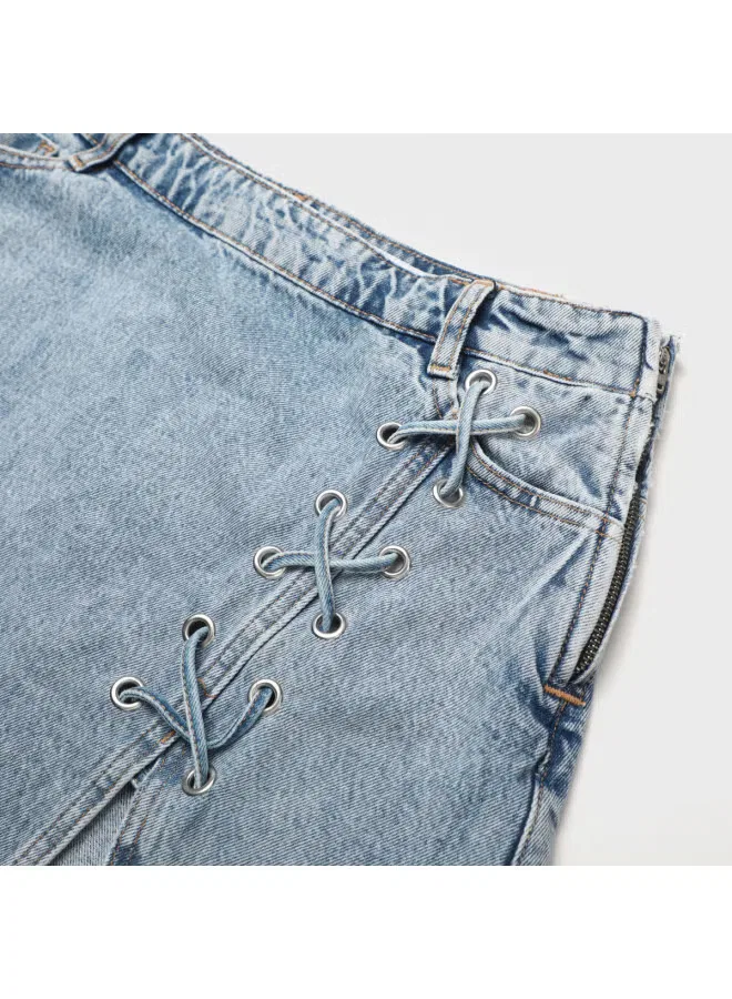 Юбка мини джинсовая с запахом и разрезом Zara, синий — фото 4