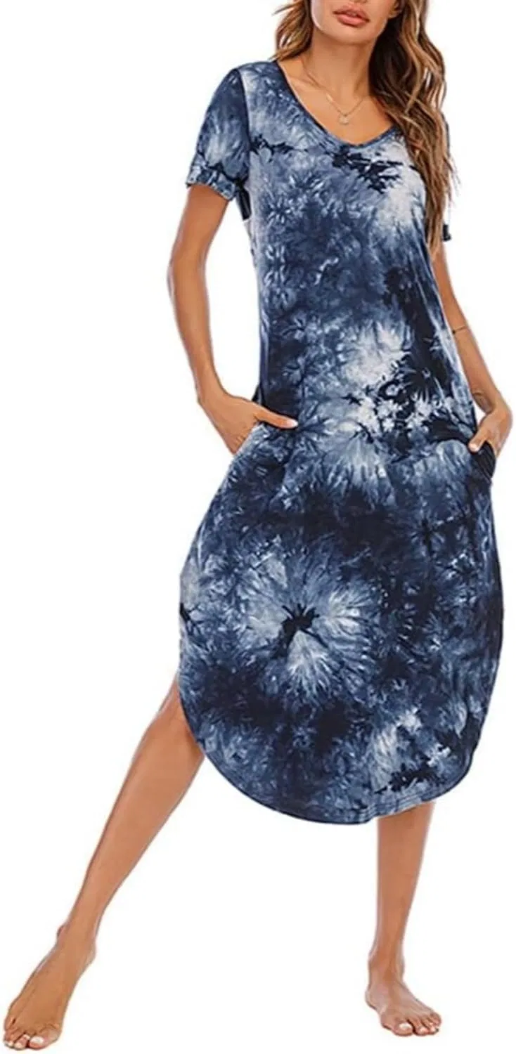 Женское платье-футболка миди с разрезом, Navy Blue Tie Dye