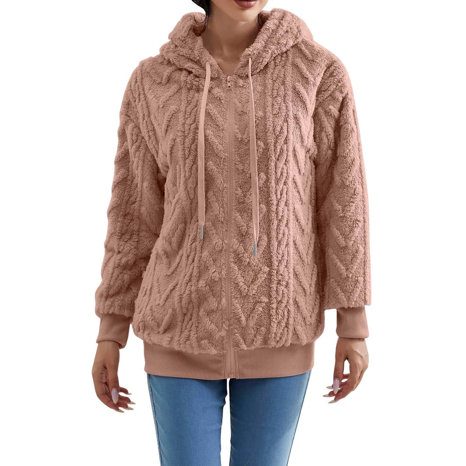 Женское утеплённое пальто с капюшоном и молнией, флисовое, с карманами, pink