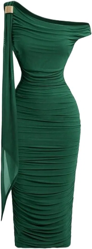 Женское элегантное облегающее платье миди с асимметричным вырезом Dark Green