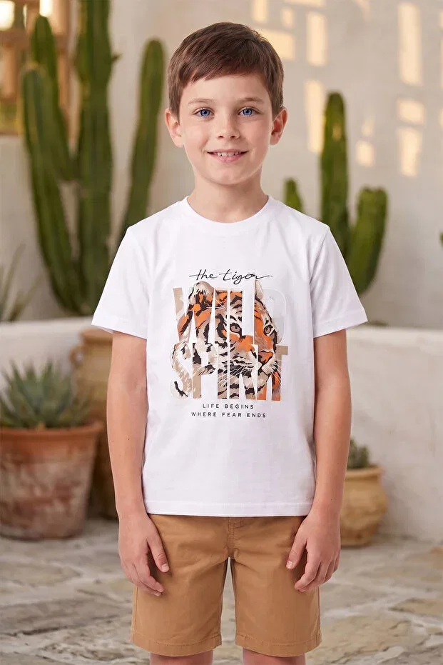 Детская футболка для мальчиков с принтом Tiger Printed Fulla Moda, White