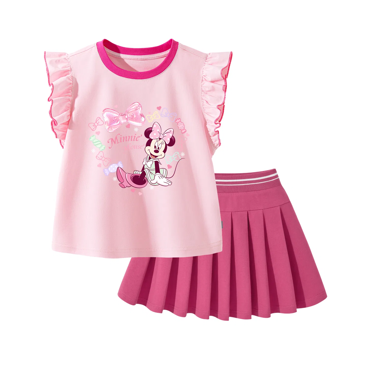 Детский комплект для девочек с принтом Disney, Crew Neck Thin Short Skirt Stretch, Di Tianyin Cream Pink+Solid Color Rose Red
