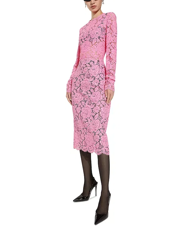Женское кружевное платье Cordonetto lace sheath dress Dolce & Gabbana, розовый — фото 2