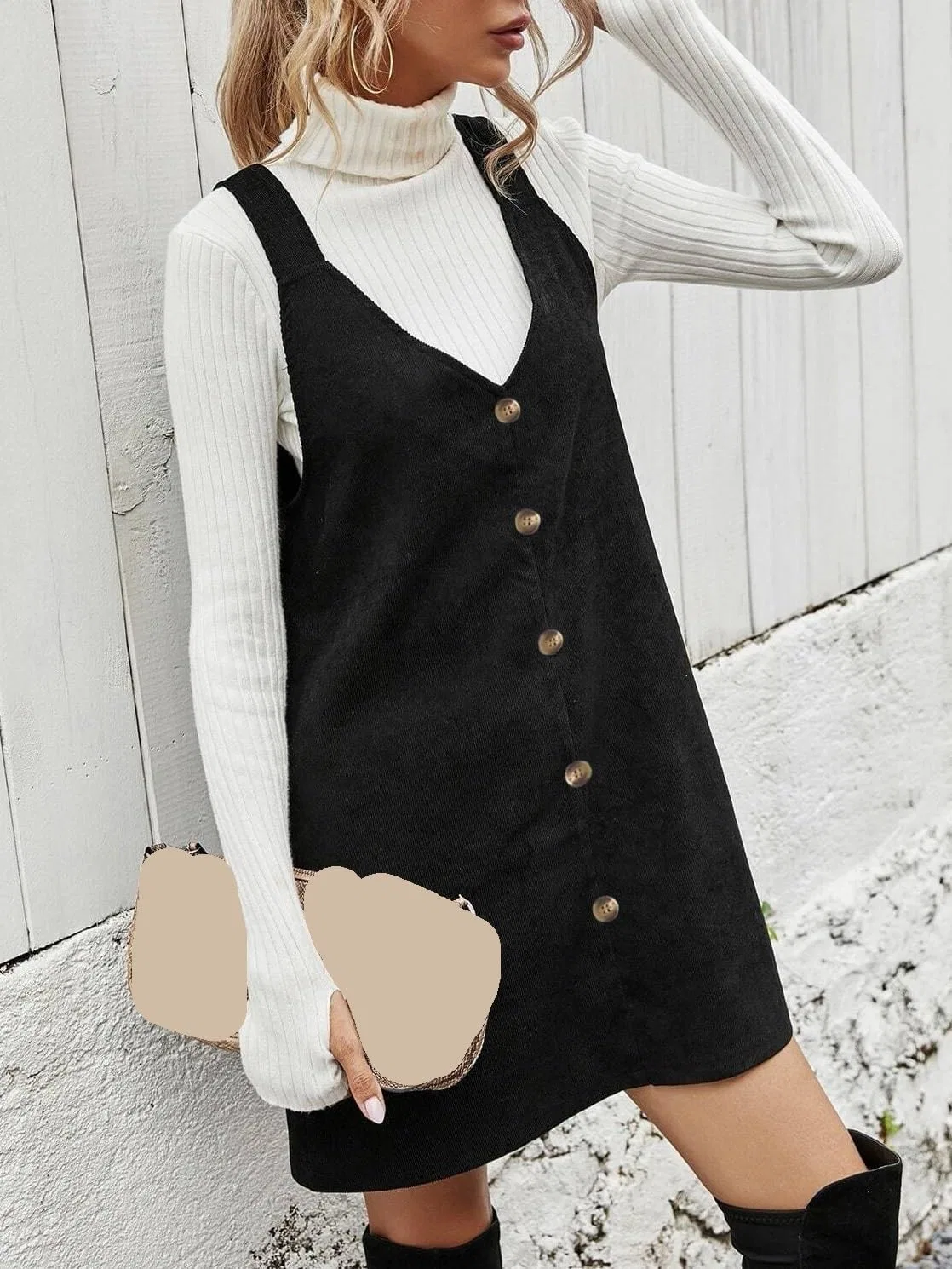 Женское повседневное платье-сарафан из вельвета Button Front, Black — фото 2