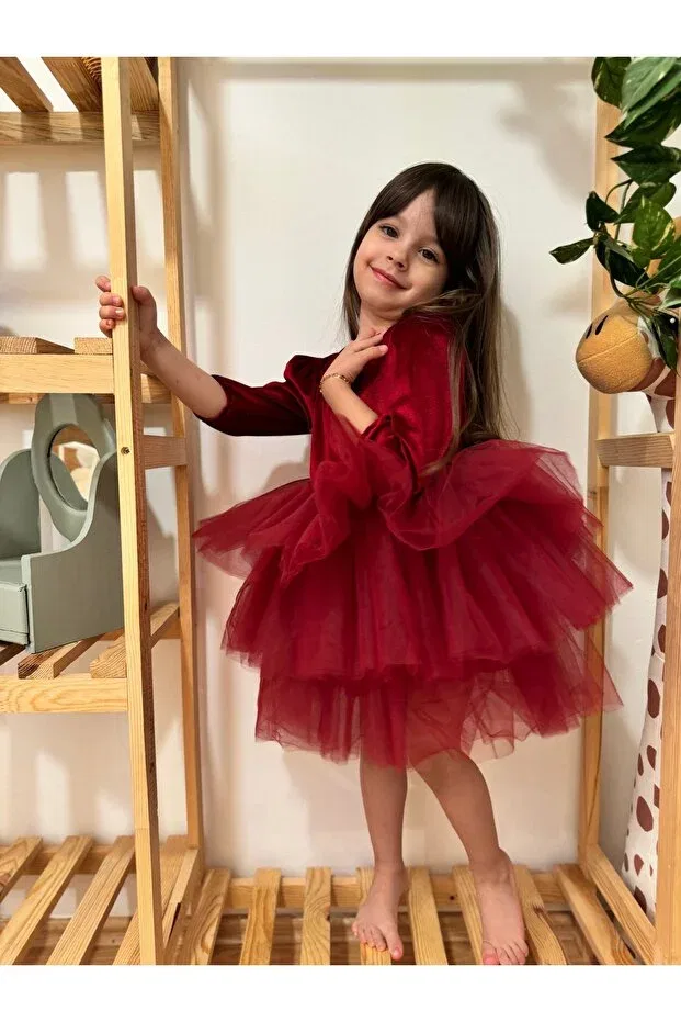 Детское платье для девочек бархатное с длинным рукавом Penu Baby Kids, Burgundy