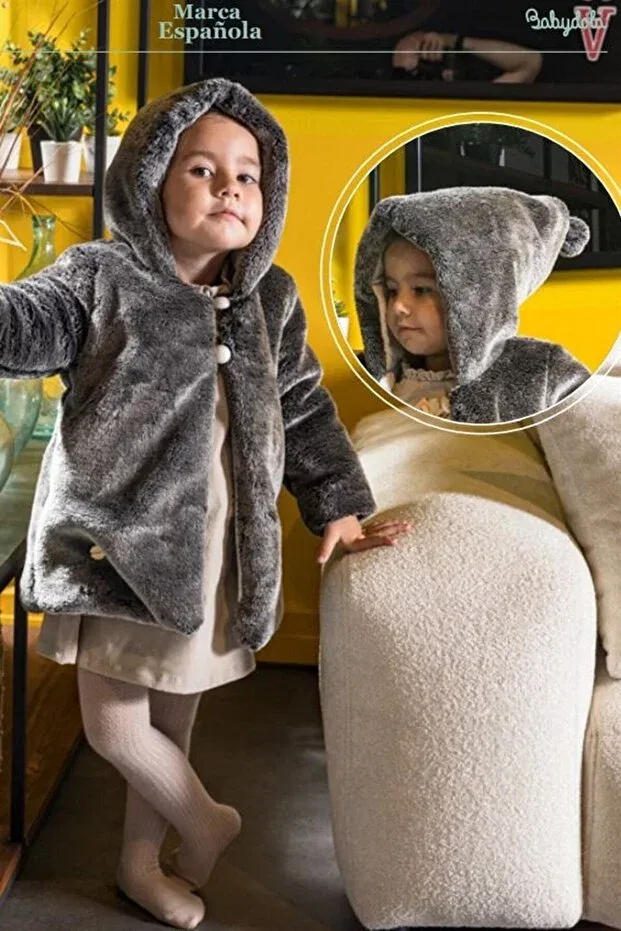 Детское пальто для девочек из плюша с капюшоном Babydola, Black — фото 2