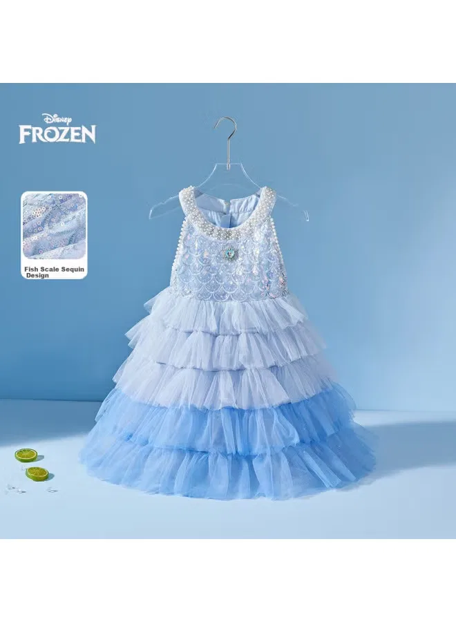 Платье детское без рукавов с жемчужным воротником и пайетками Elsa Princess Disney, синее