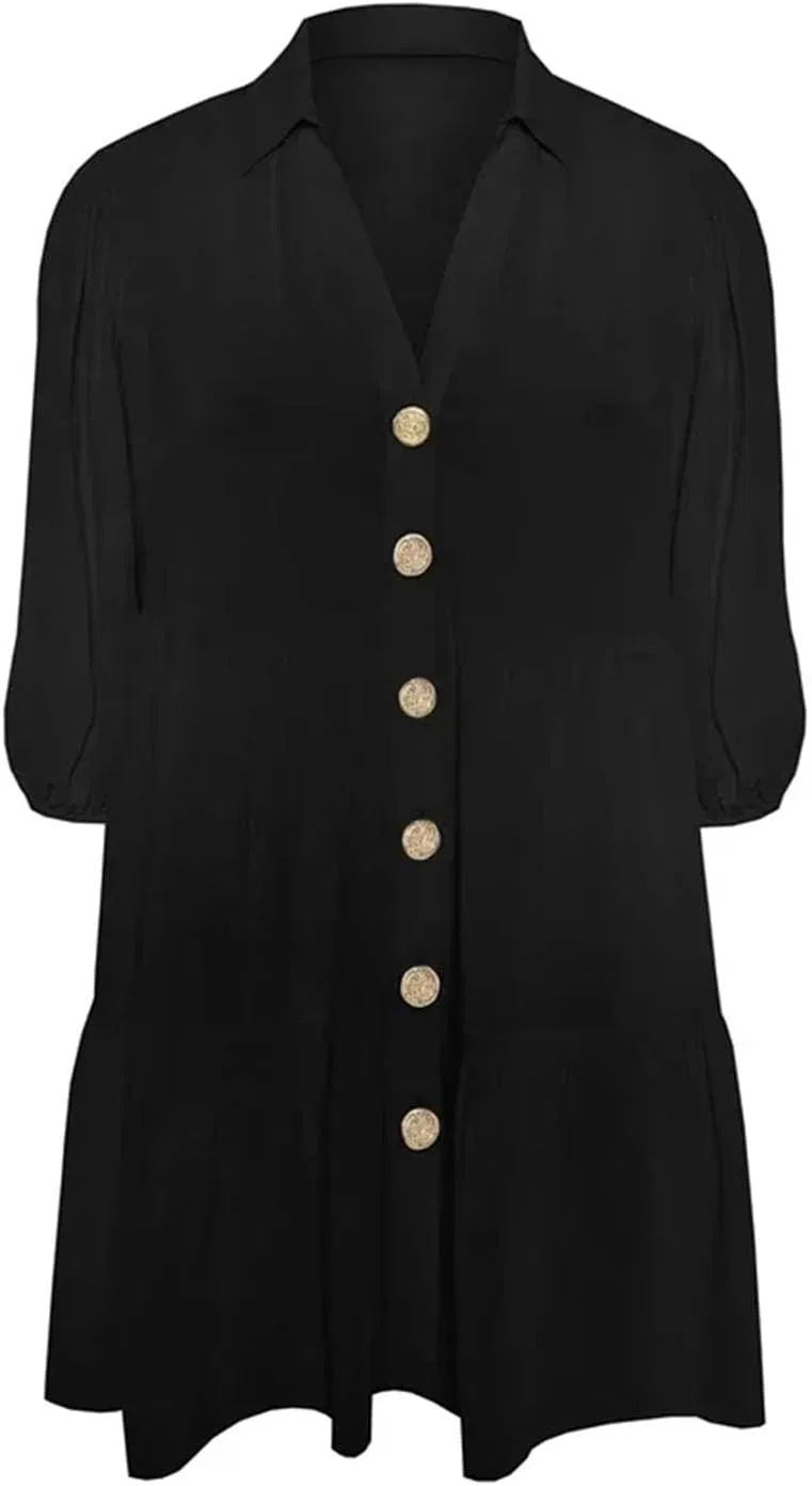 Женская блузка свободного кроя с принтом, модель Button Down Elegant Spring Tunic, чёрный — фото 4