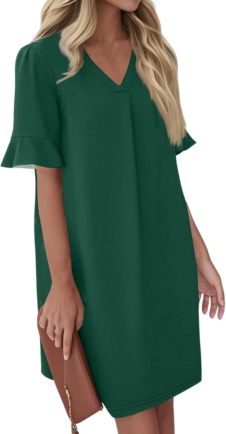 Женское мини-платье с рюшами и V-образным вырезом, Dark Green