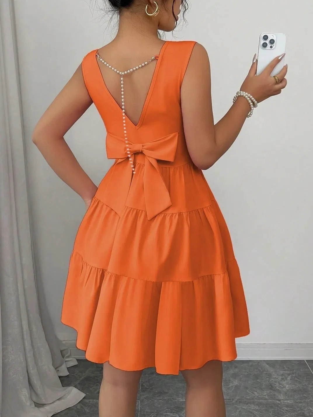 Женское мини-платье А-силуэта с рюшами, без рукавов, Orange — фото 4