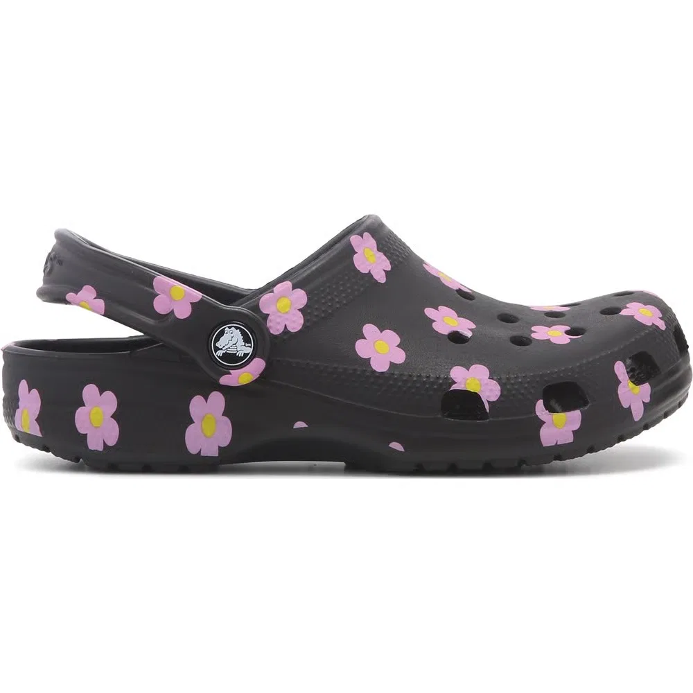 Детские классические сабо с графическим рисунком Crocs, Black Multi Flower — фото 2