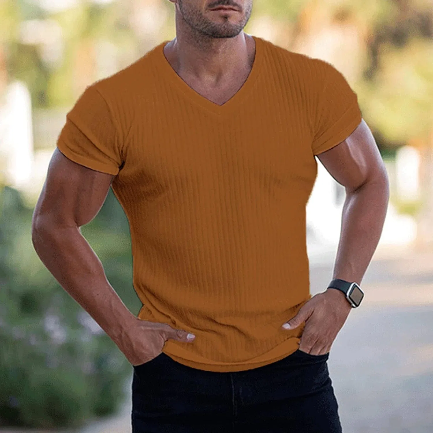 Мужская футболка с V-вырезом облегающая Bodybuilding Khaki — фото 2