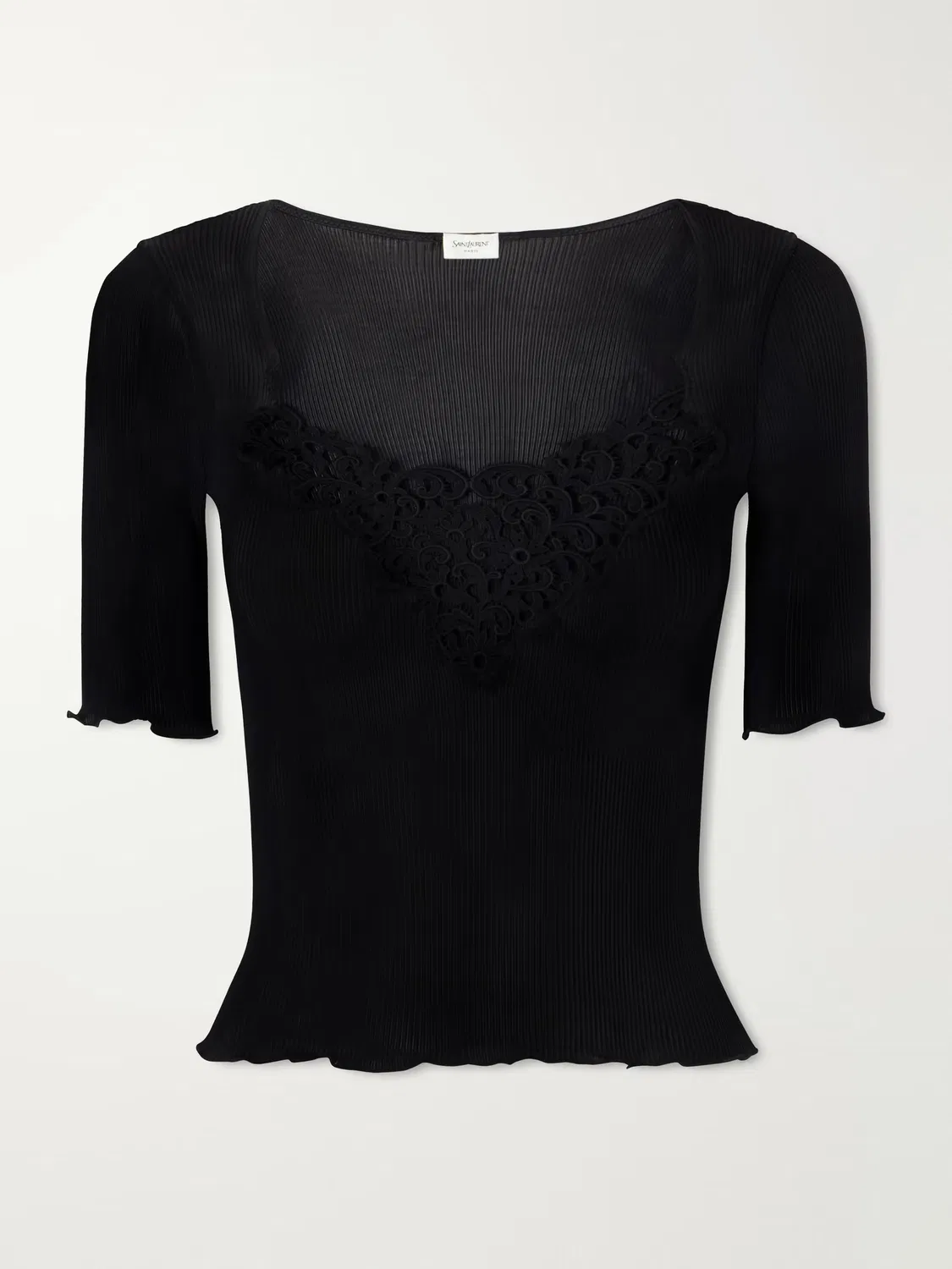 Футболка из ребристого шелка с гипюровой кружевной отделкой Saint Laurent, черный