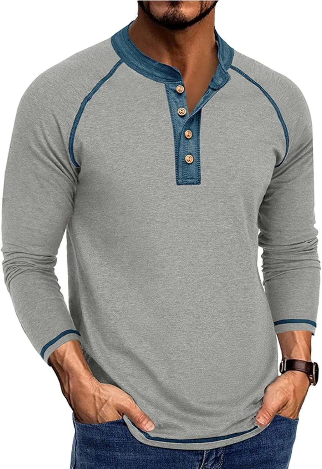 Мужская футболка с длинным рукавом хенли, полукардиган, Solid Color, Gray — фото 2