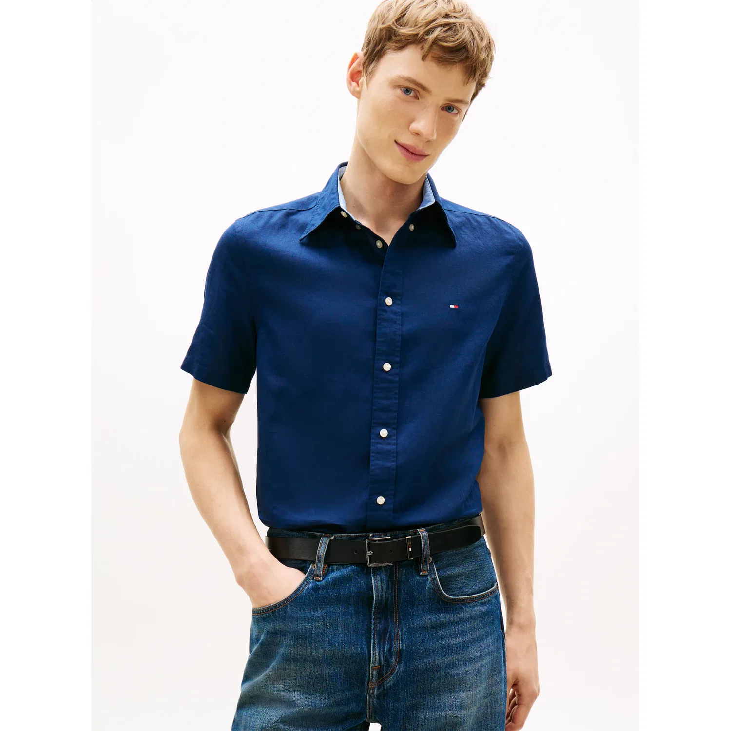 Мужская рубашка с коротким рукавом из смесовой ткани Tommy Hilfiger, Carbon Navy