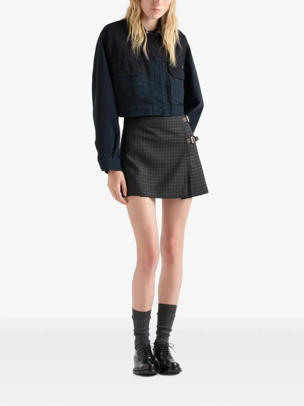 Мини-юбка из клетчатой шерсти Prada, серый — фото 2