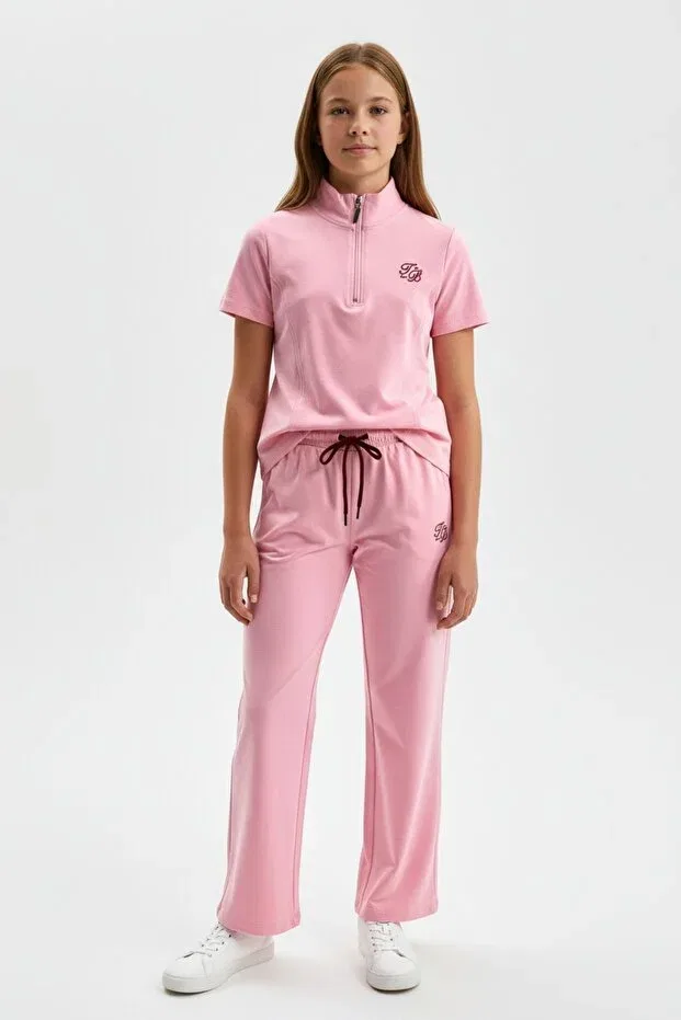 Детский комплект для девочек с вышивкой Stand Collar Half-Zip Short Sleeve Embroidered T-Shirt & Elastic Waist Loose Pants Toontoy, Pink