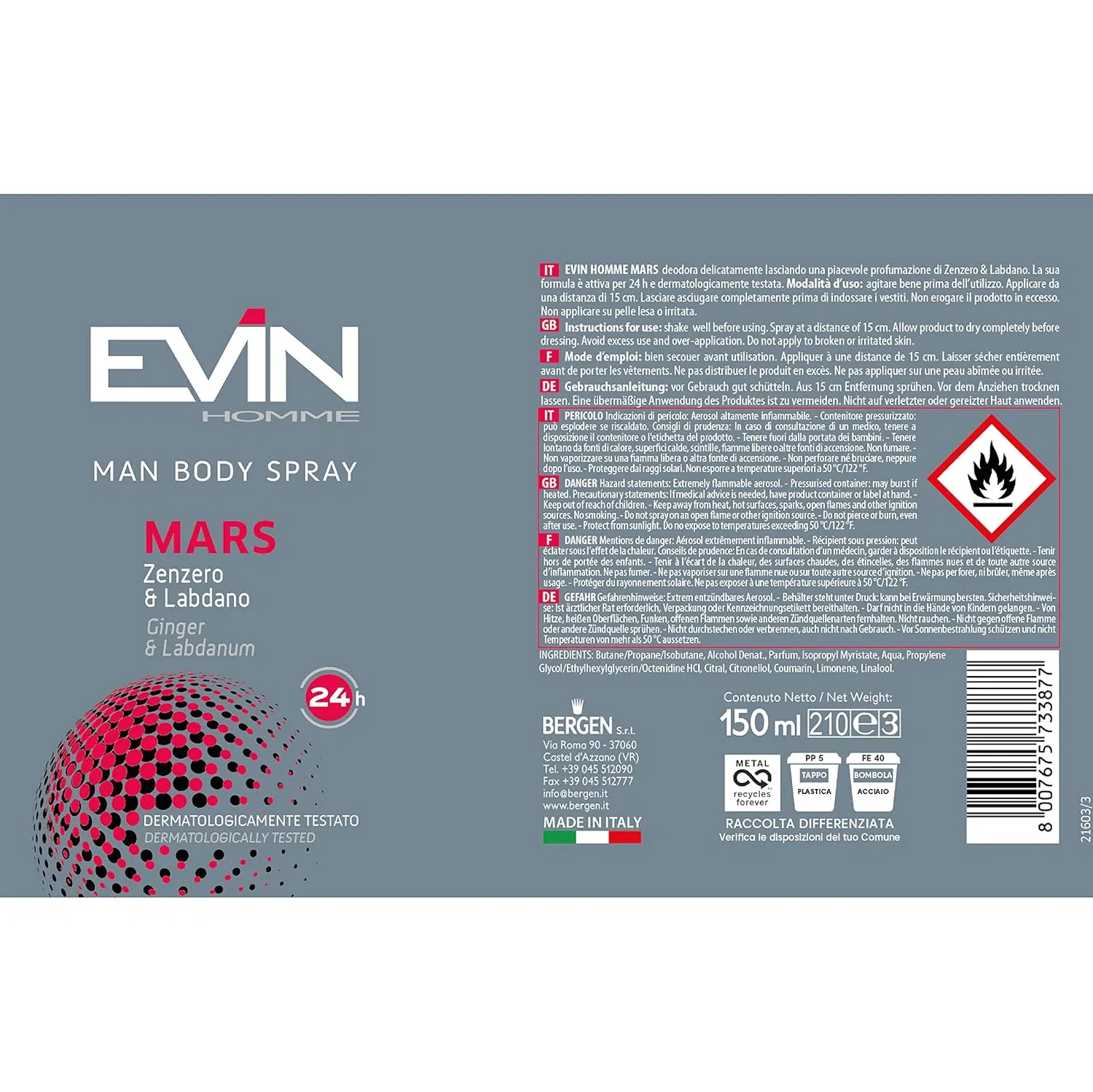 Дезодорант-антиперспирант для мужчин EVIN Homme 24H, 24 шт по 150 мл, Ginger and Labdan — фото 3
