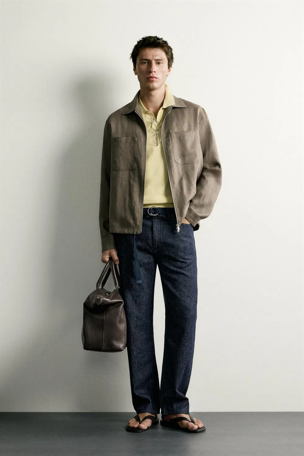 Рубашка на молнии из 100% льна ZARA, Mink