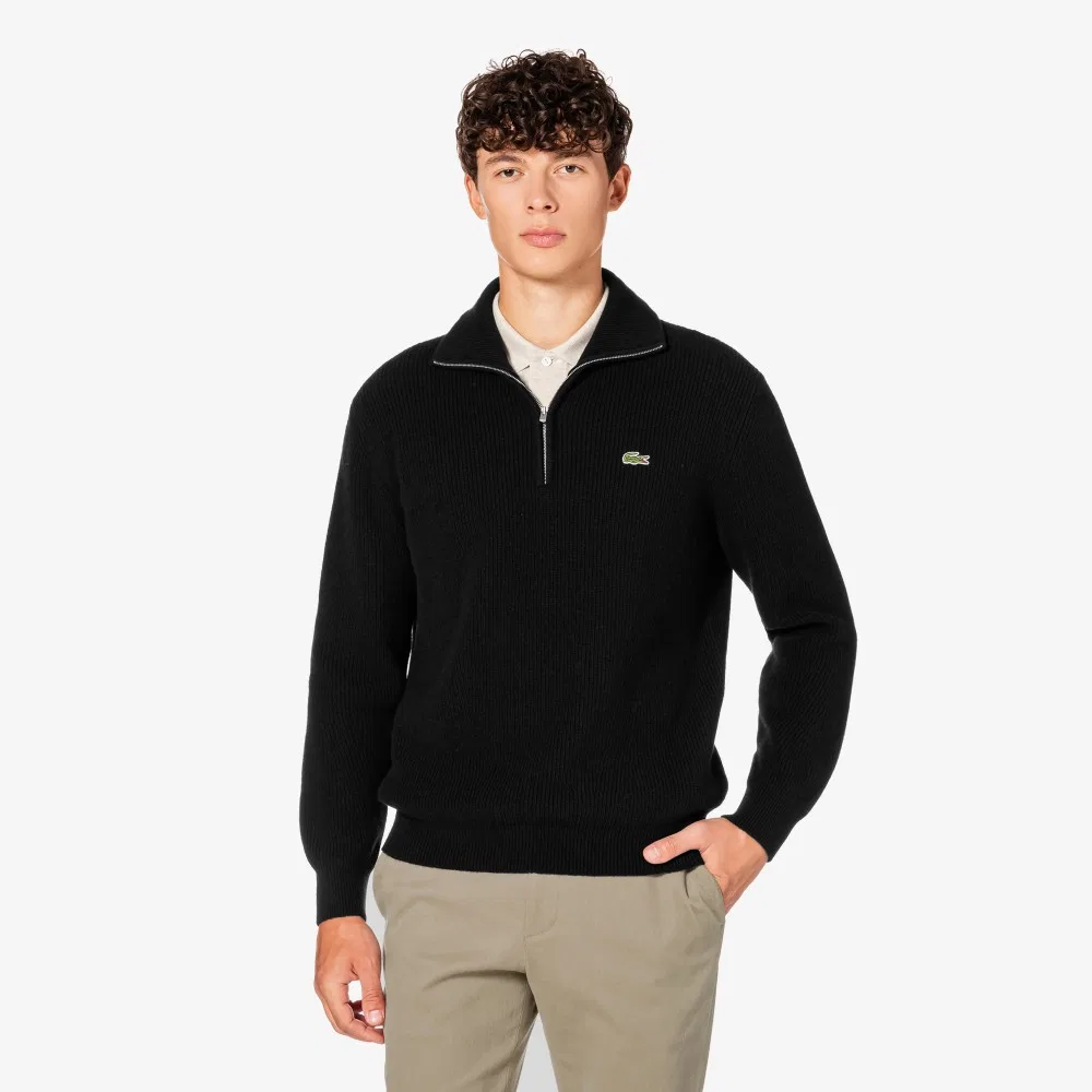 Мужской пуловер на молнии в рубчик из шерсти чёрный от Lacoste
