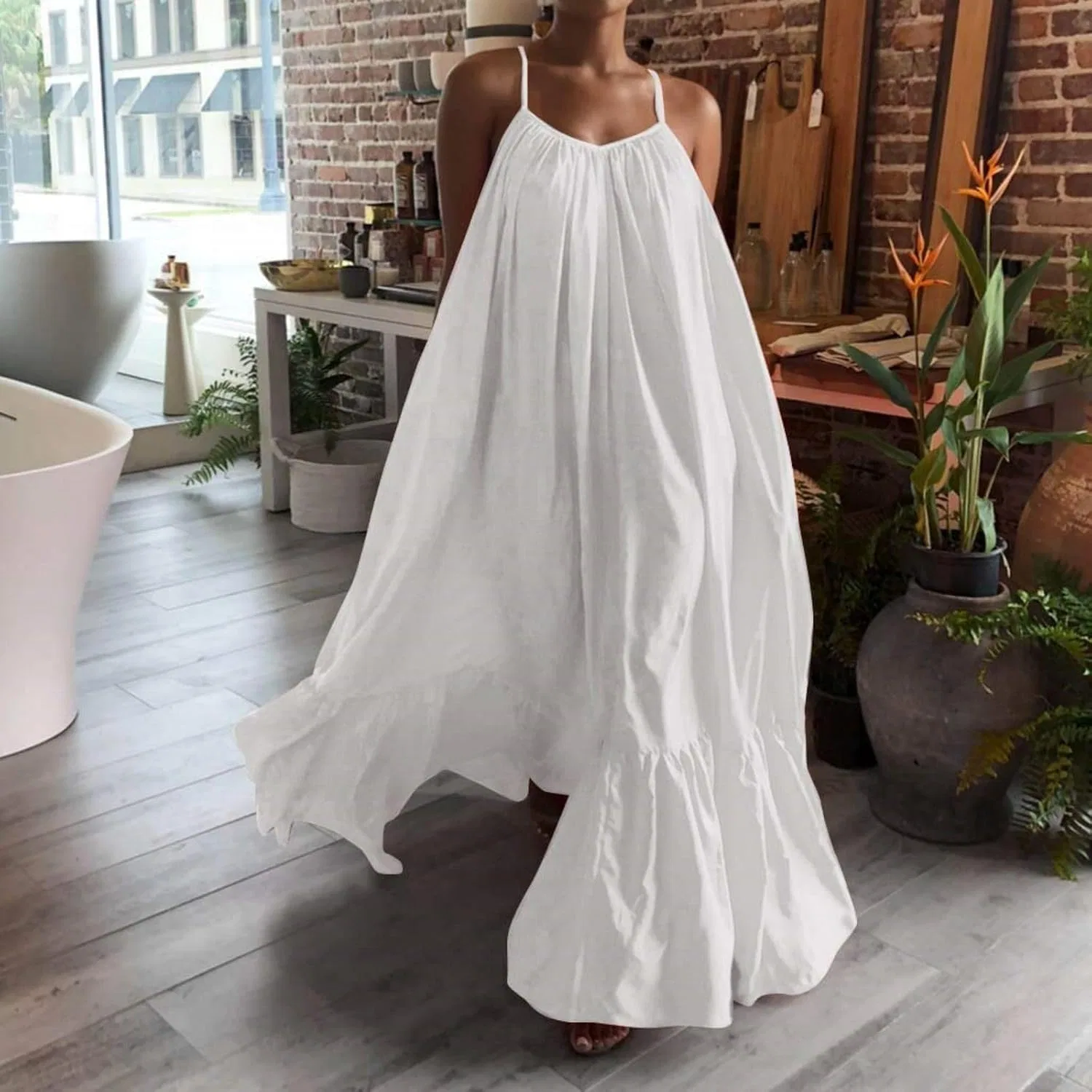 Женское платье-трапеция с рюшами, рушевая кайма, Oversized Loose Long Maxi Swing, белый — фото 4