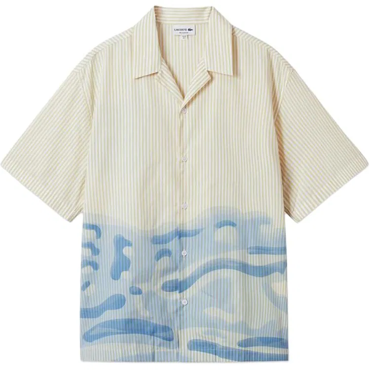 Рубашка Lacoste Мужская с коротким рукавом, Кубинский воротник, Сине-желтый полоска