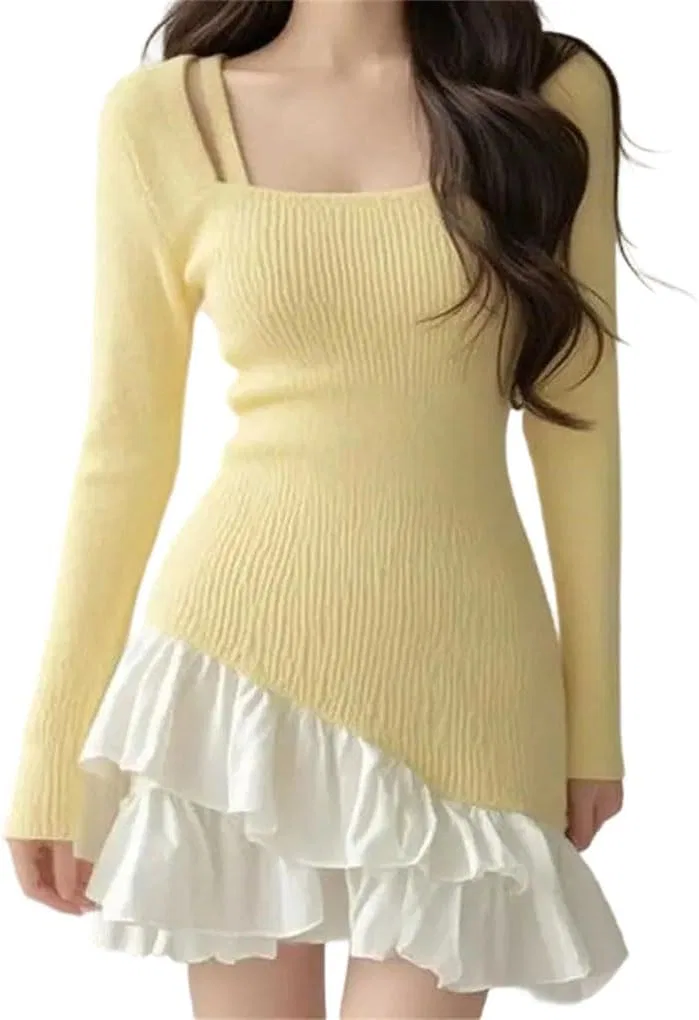 Женское платье с воланами и завышенной талией, Yellow