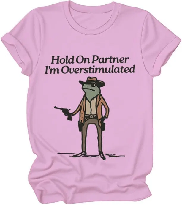 Футболка с принтом Hold On Partner Im Overstimulated Regular Fit, Pink