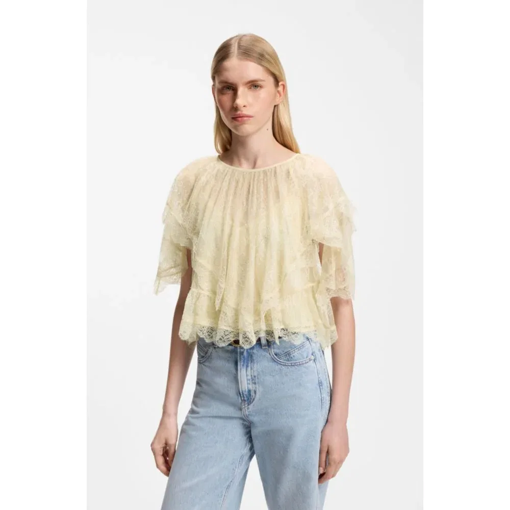Женская блуза с кружевной отделкой и мини-накидкой BOSS, Light Yellow — фото 3
