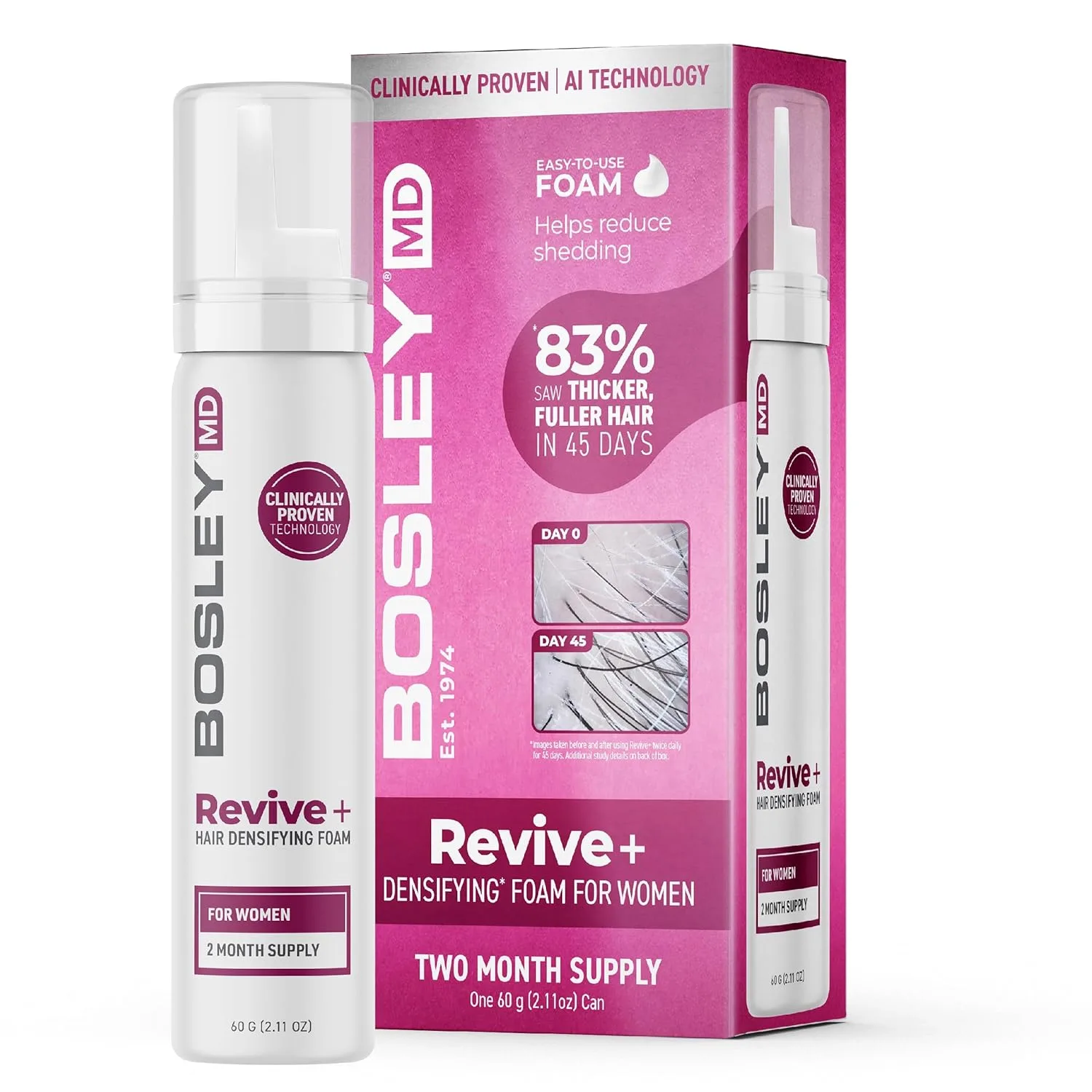 BosleyMD Women's Revive + Densifying Treatment Foam - средство против выпадения волос без лекарств с YuvaBio Y100, биотином и маслом семян тыквы, 60 дней, 60 мл