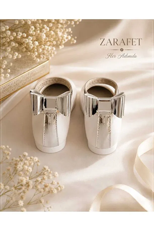 Детские балетки для девочек с бантом Shiny Silver Bowknot Ankle Strap Ballet Flats Model, White — фото 2