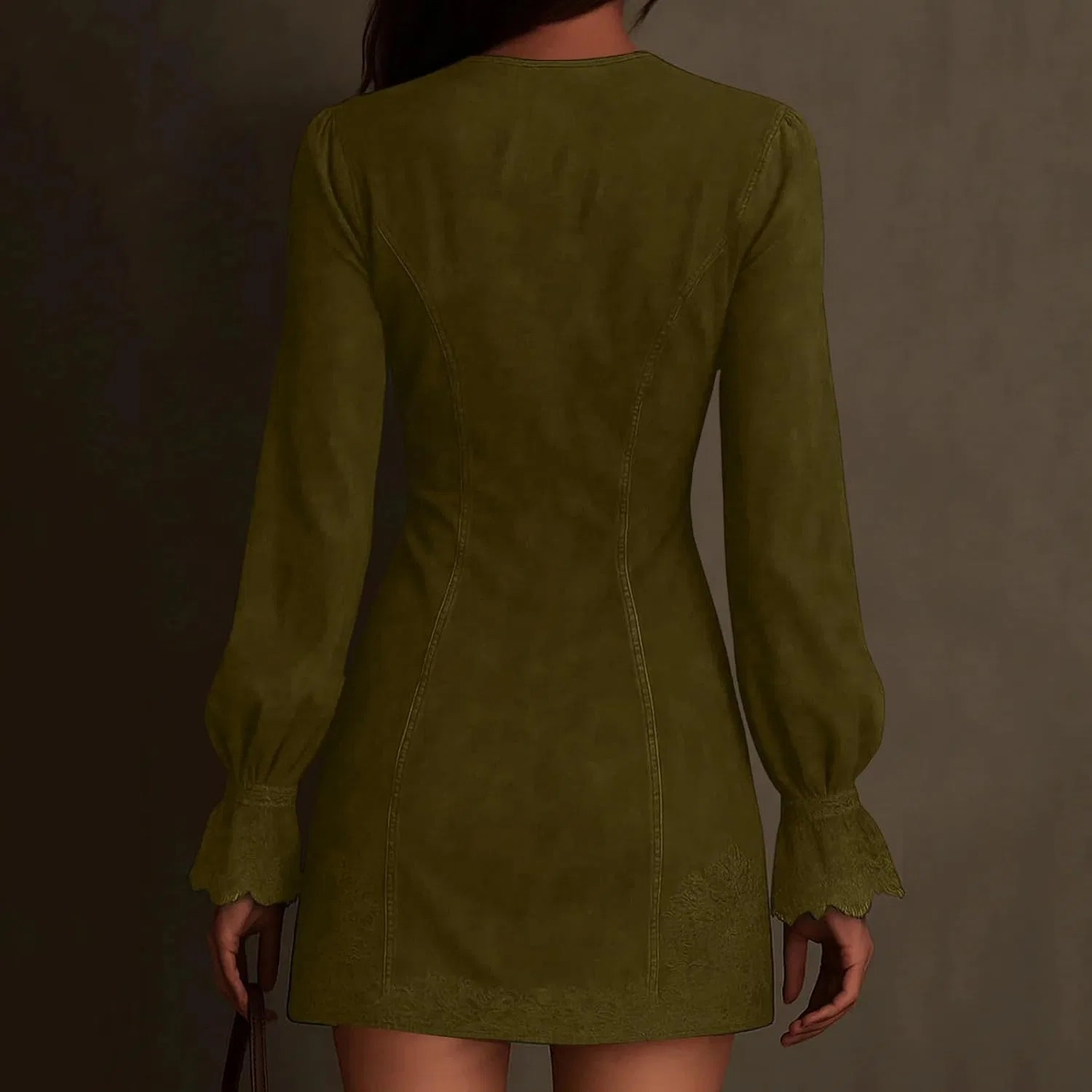 Женское платье-рубашка свободного кроя из вельвета с поясом, Green — фото 2