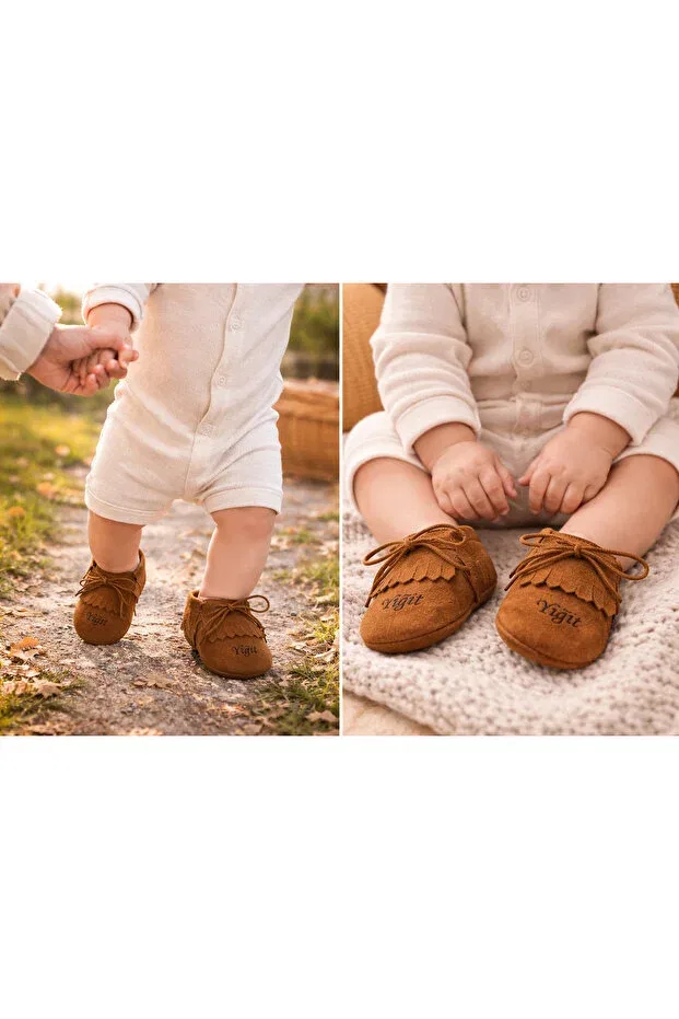 Детские мокасины для мальчиков с принтом Personalized named baby boy moccasin shoes Marasmakosen, Beige — фото 2