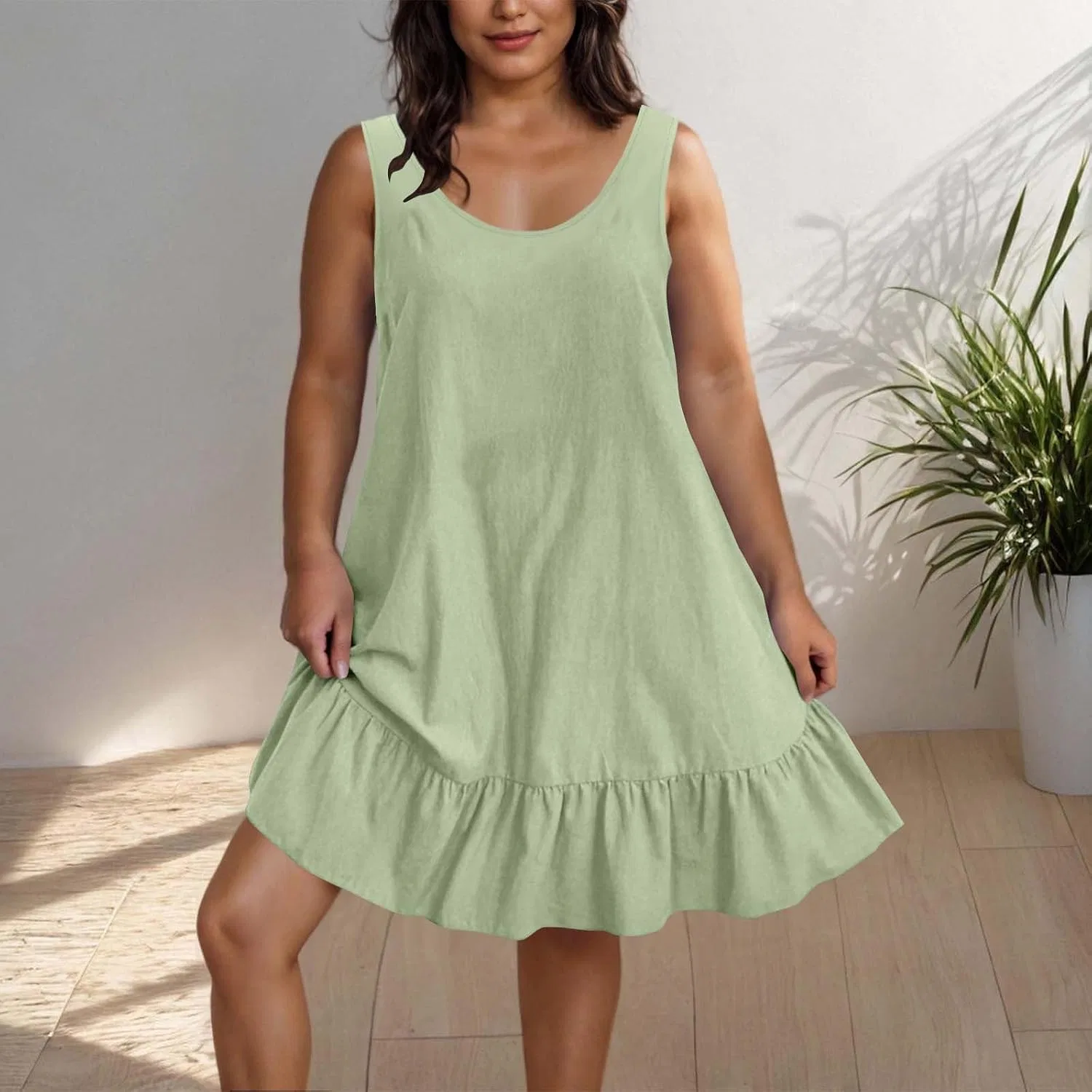 Женское летнее мини-платье с рюшами U-образным вырезом Breathable, Mint Green — фото 3