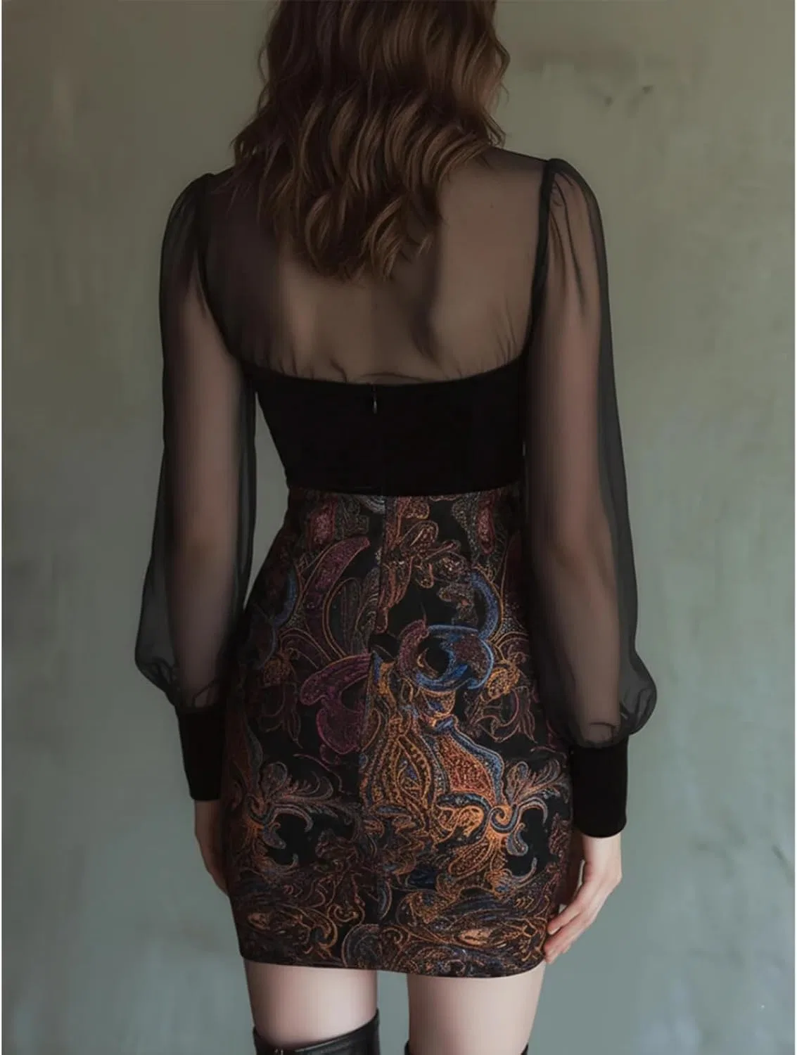 Женское бархатное платье с цветочным принтом V-образным вырезом Bodycon, Black — фото 3
