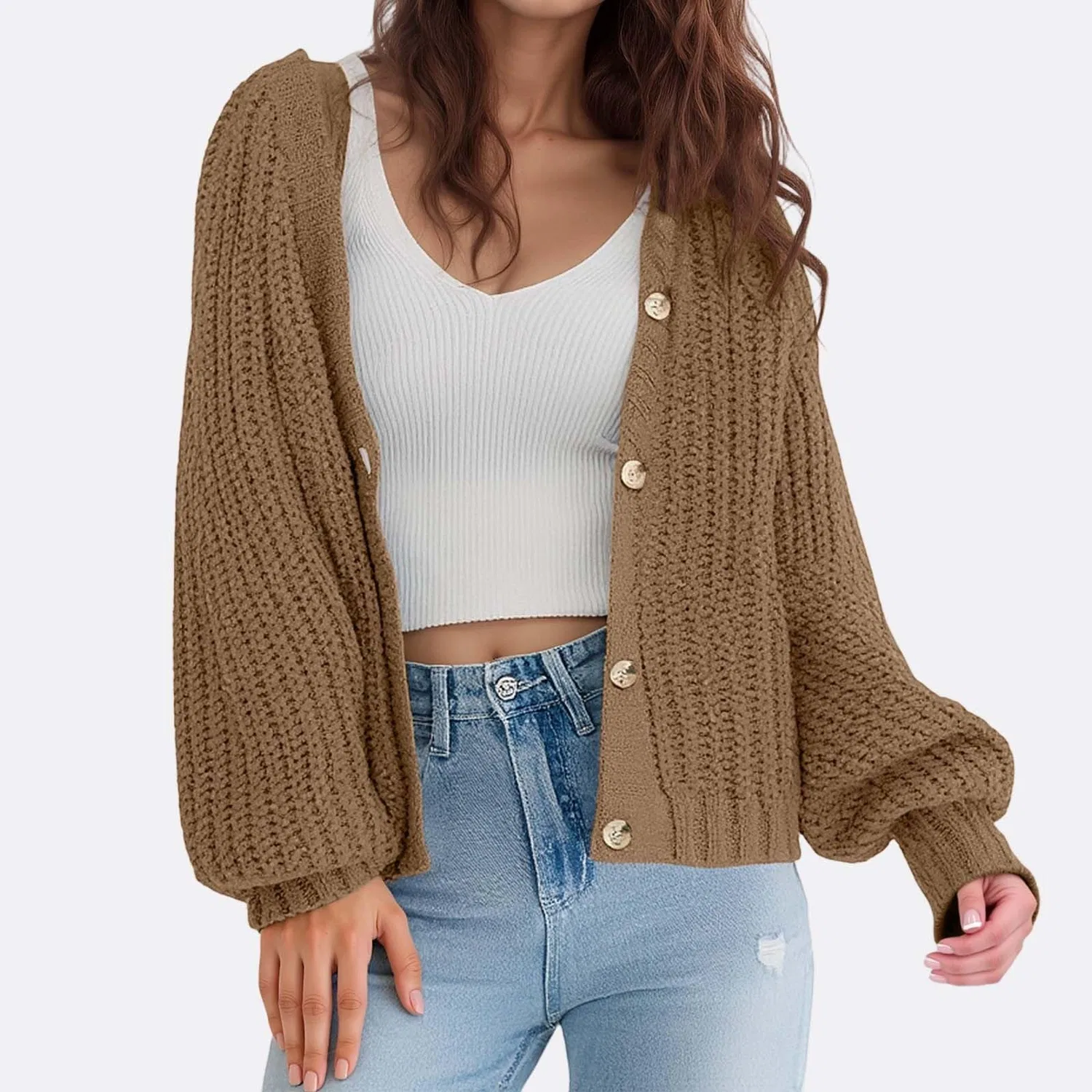 Женский кардиган с длинным рукавом, свободный, однотонный, Beige 2 — фото 2