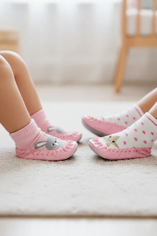 Детские тапочки-носочки без шнуровки, комплект 2 шт., Bermody, Powder Pink