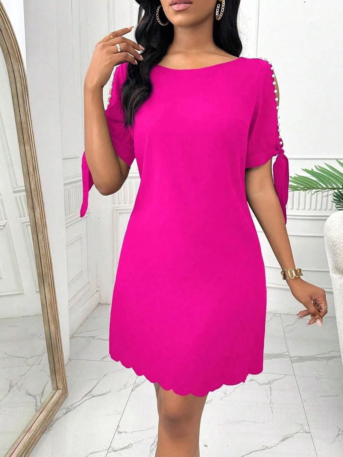 Женское мини-платье с круглым вырезом и коротким рукавом, Hot Pink — фото 4
