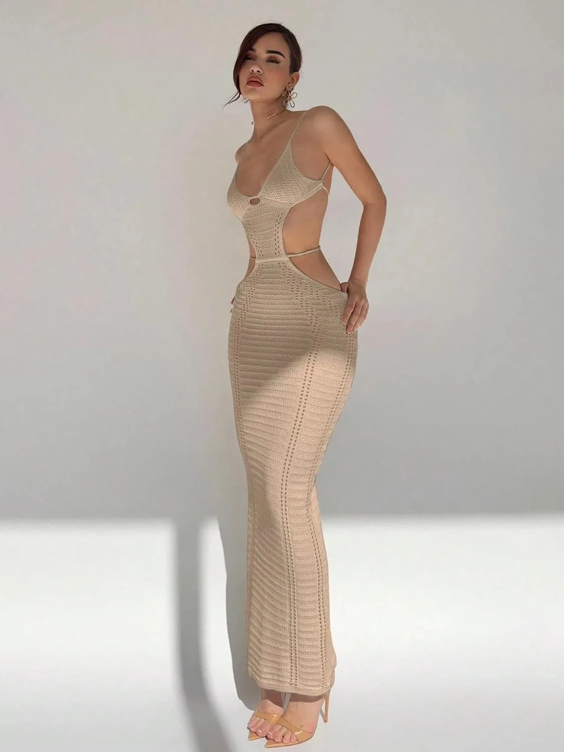 Женское облегающее платье с открытой спиной Knitted, Apricot — фото 4