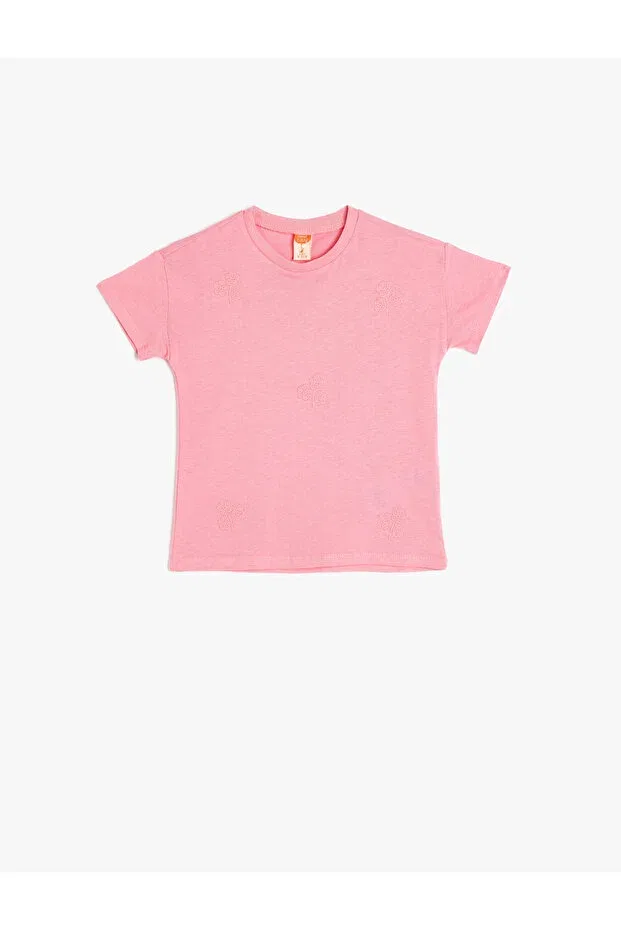 Детская хлопковое футболка с принтом Floral embroidered short sleeve cotton basic t-shirt Koton, Rose