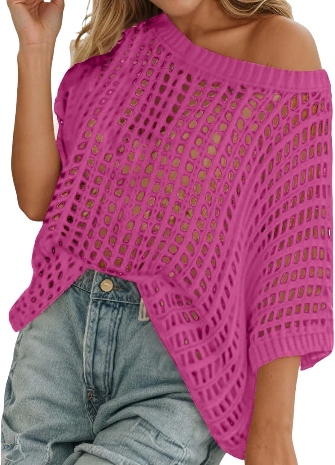 Женская повседневная футболка с вырезами, Crochet, Hot Pink