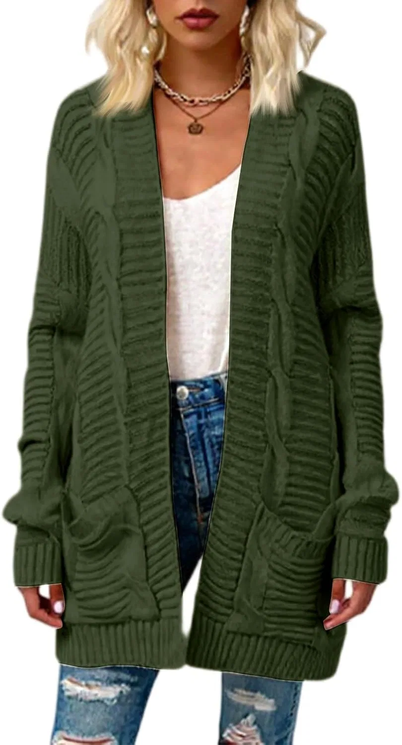 Женский кардиган-оверсайз с косами, модель Oversized Cable-Knit Open-Front Cardigan, зелёный