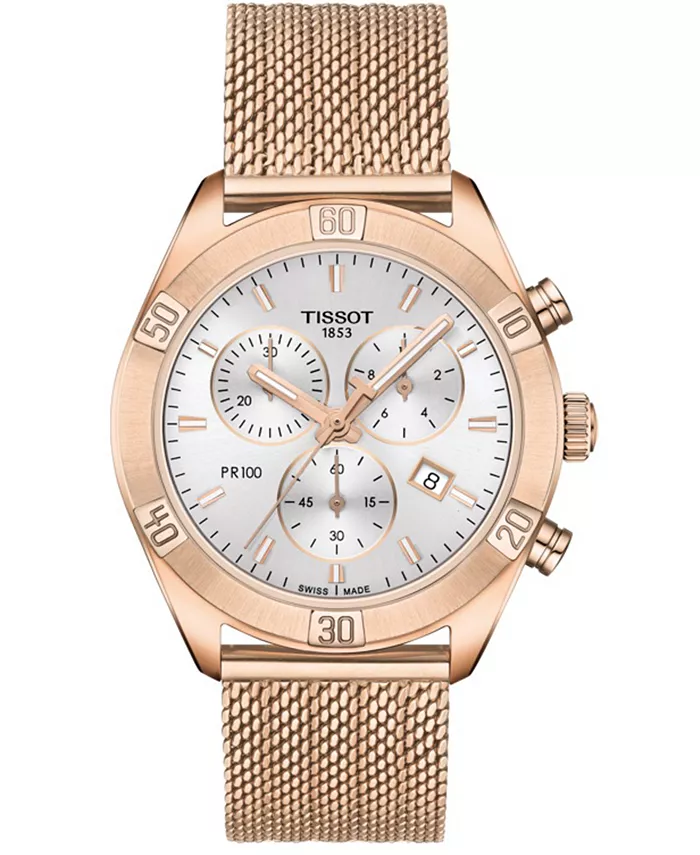 

Женские часы Swiss Chronograph PR 100 Sport Chic T-Classic с розовым золотым покрытием, стальной браслет-сетка, 38 мм Tissot