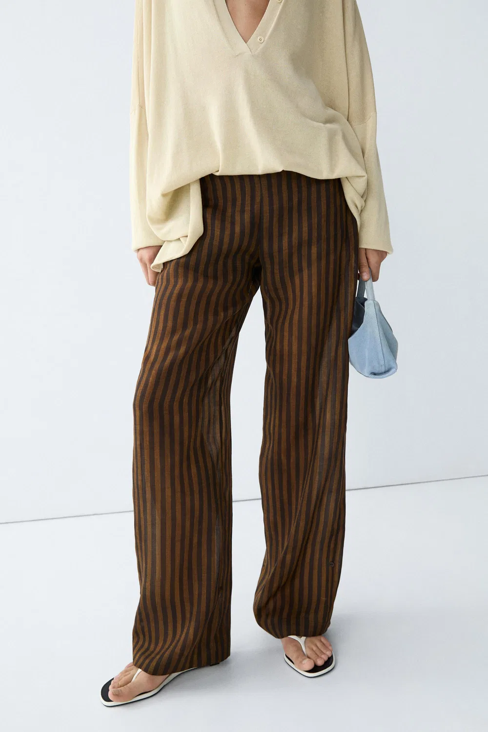 Брюки Massimo Dutti, струящиеся полосатые, темно-хаки — фото 2