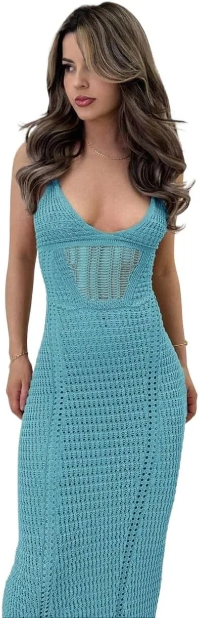 Женское трикотажное платье макси с открытой спиной Generic, Blue — фото 2