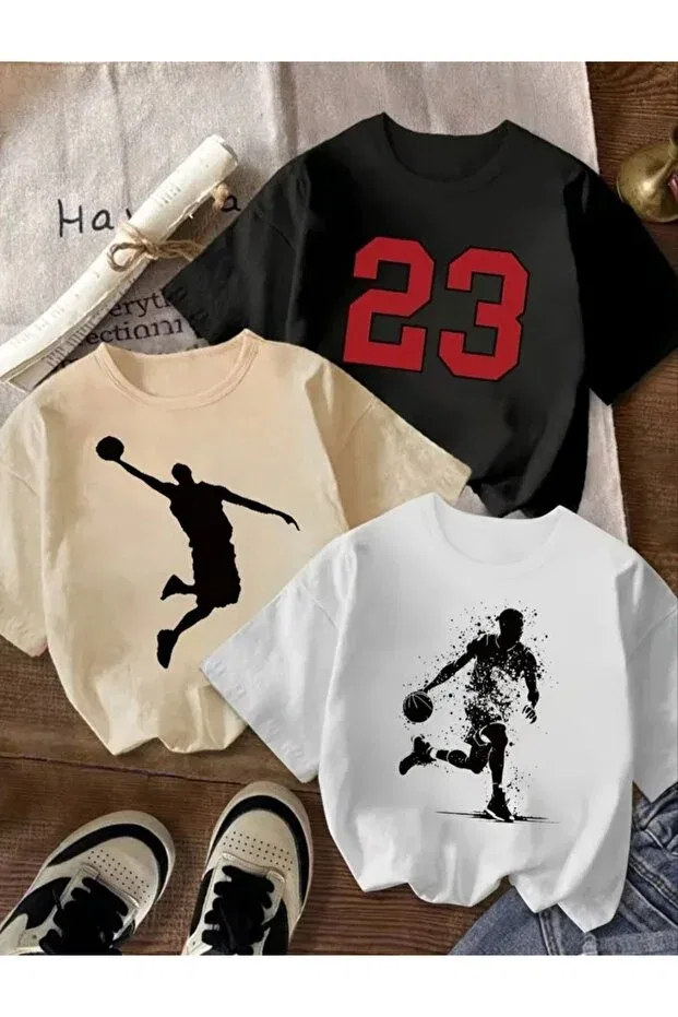 Детский комплект футболок оверсайз с принтом Elan Wear, Beige+Black+White2