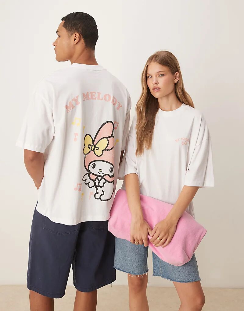 

Футболка унисекс оверсайз ASOS DESIGN Hello Kitty с мелодичным принтом белого цвета